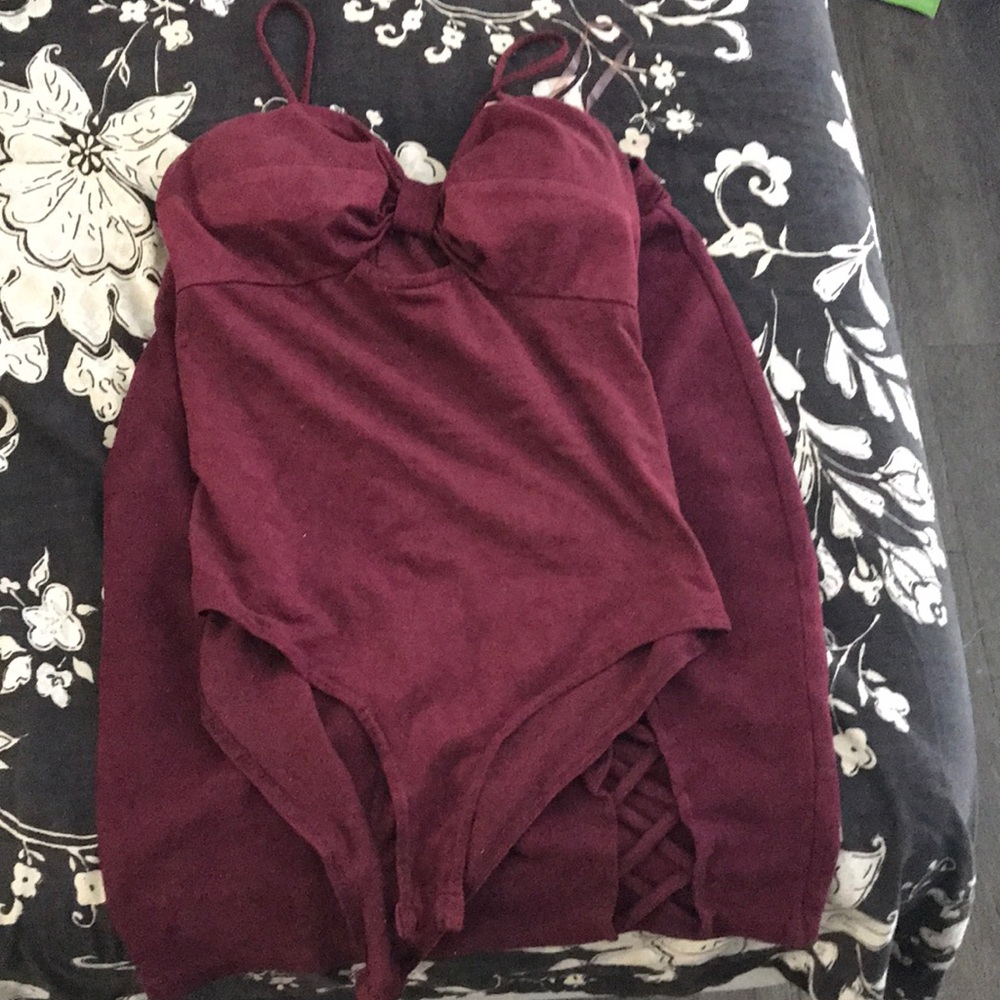 Burgundy body suit shirt with matching skirt